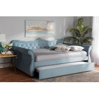 Baxton Studio Abbie-Light Blue Velvet-Daybed-Q/T Abbie Traditional and Transitional Light Blue Velvet Fabric Upholstered and Crystal Tufted Queen Size Daybed with Trundle